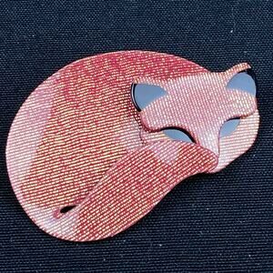 Lea Stein Paris Gomina Cat Brooch Red Glittery Tweed Pattern Curled Up Kitty